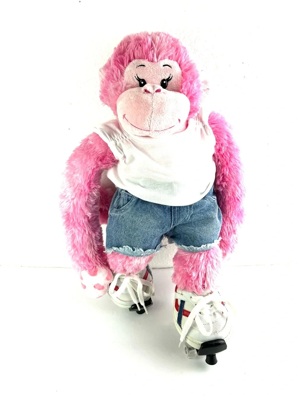 Build A Bear Pink Plush Monkey Stuffed Animal White Tee Denim Shorts Rollerskate